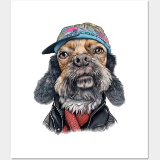 Schnauzer dog wearing a leather jacket and a cap Posters and Art